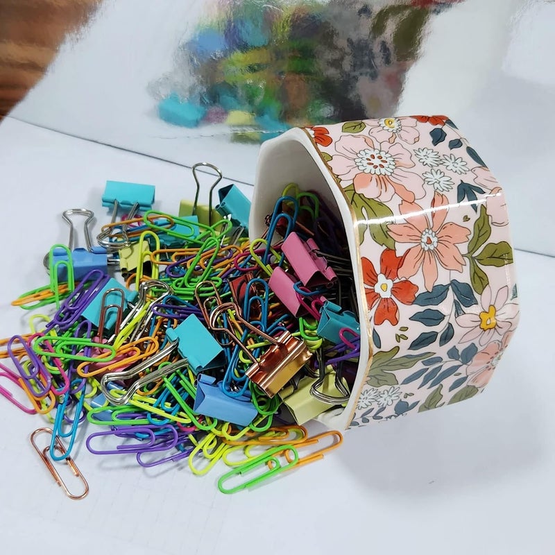LEAZUL Ceramic Paper Clip Holder Gold Line Paper Clip Dispenser Organizer for Desk Cute Floral Pattern Office Binder Clip Holder Bobby Pin and Hair Clip Holder Gift for Office Pink Flowers - Image 4